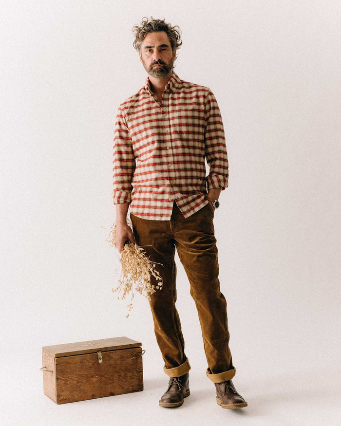 fit model posing in The Jack in Cardinal Plaid Flannel