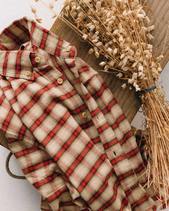 material shot of The Jack in Cardinal Plaid Flannel on a board