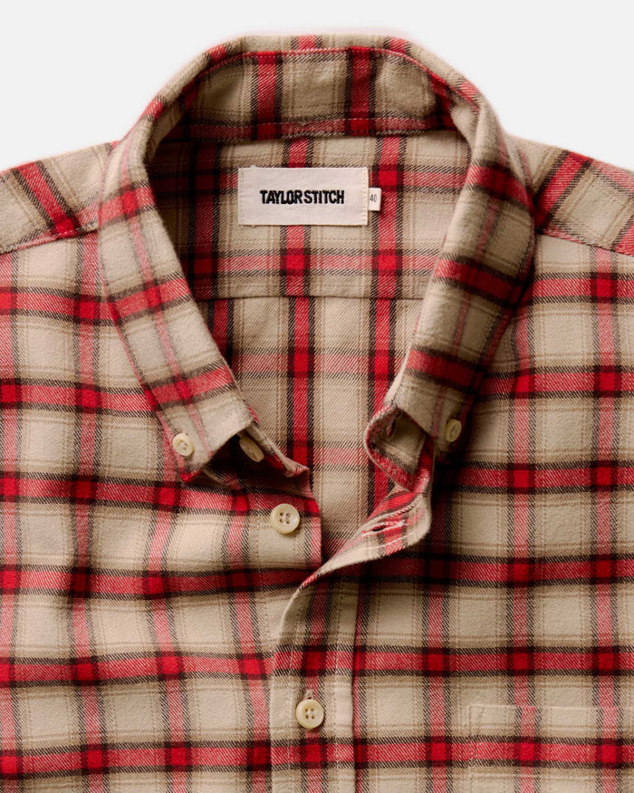 material shot of the collar on The Jack in Cardinal Plaid Flannel