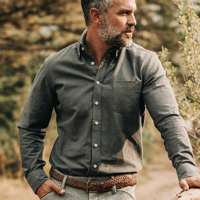 our fit model wearing The Jack in Charcoal Crepe—looking left