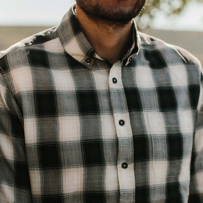 fit model wearing The Jack in Coal Herringbone Check showing a close up of the collar