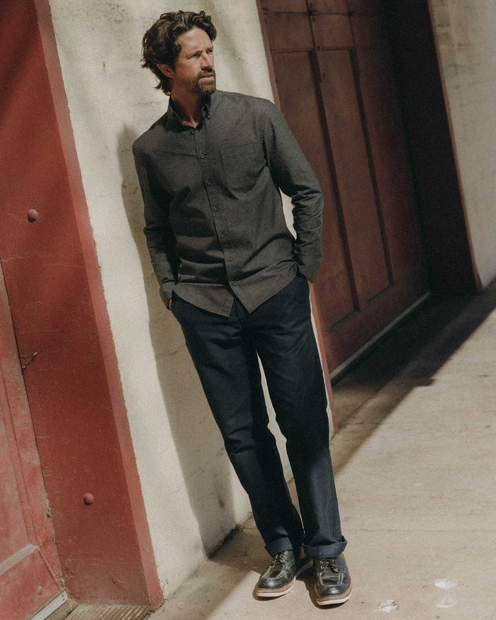 fit model showing the bottom of The Jack in Coal Jaspe Check Oxford