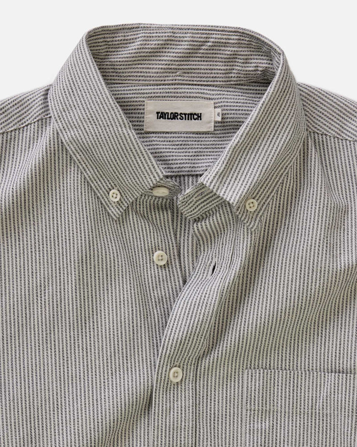 material shot of the collar on The Jack in Coal Jaspe University Stripe Oxford
