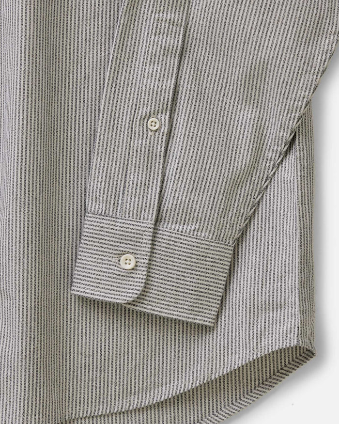 material shot of the sleeves on The Jack in Coal Jaspe University Stripe Oxford