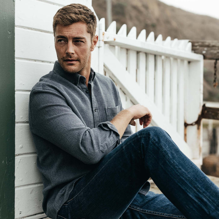 fit model sitting wearing The Jack in Coal Jaspe Waffle