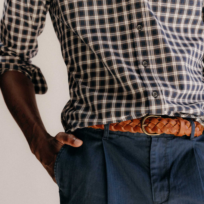 fit model showing off the bottom of The Jack in Deep Blue Plaid