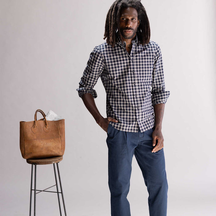 fit model with his hand in his pocket wearing The Jack in Deep Blue Plaid