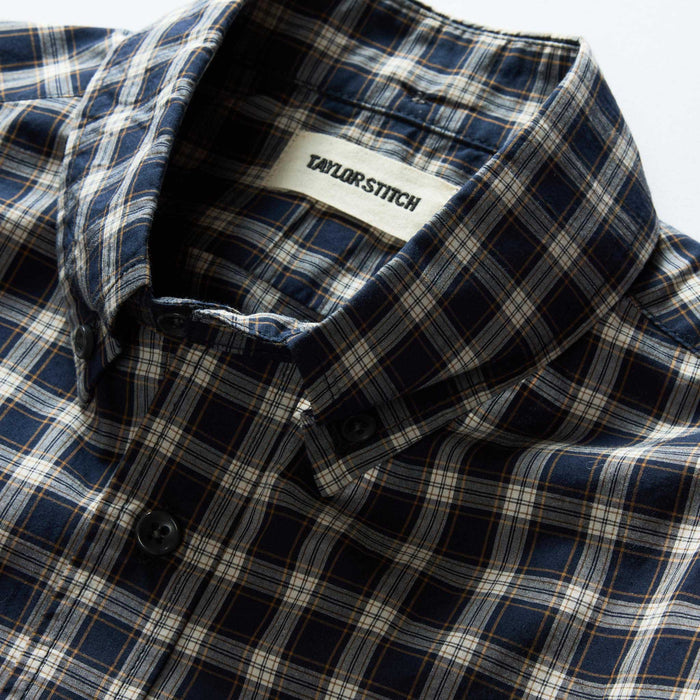 material shot of the collar on The Jack in Deep Blue Plaid