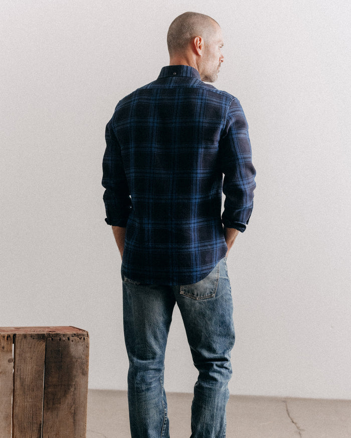fit model posing in The Jack in Deep Indigo Plaid Waffle