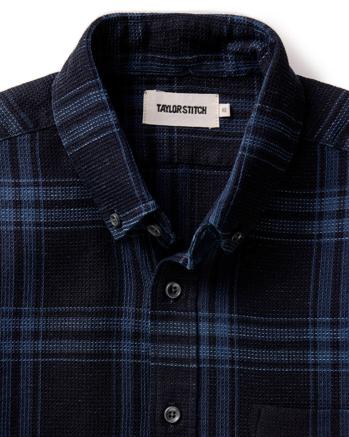 material shot of the collar on The Jack in Deep Indigo Plaid Waffle