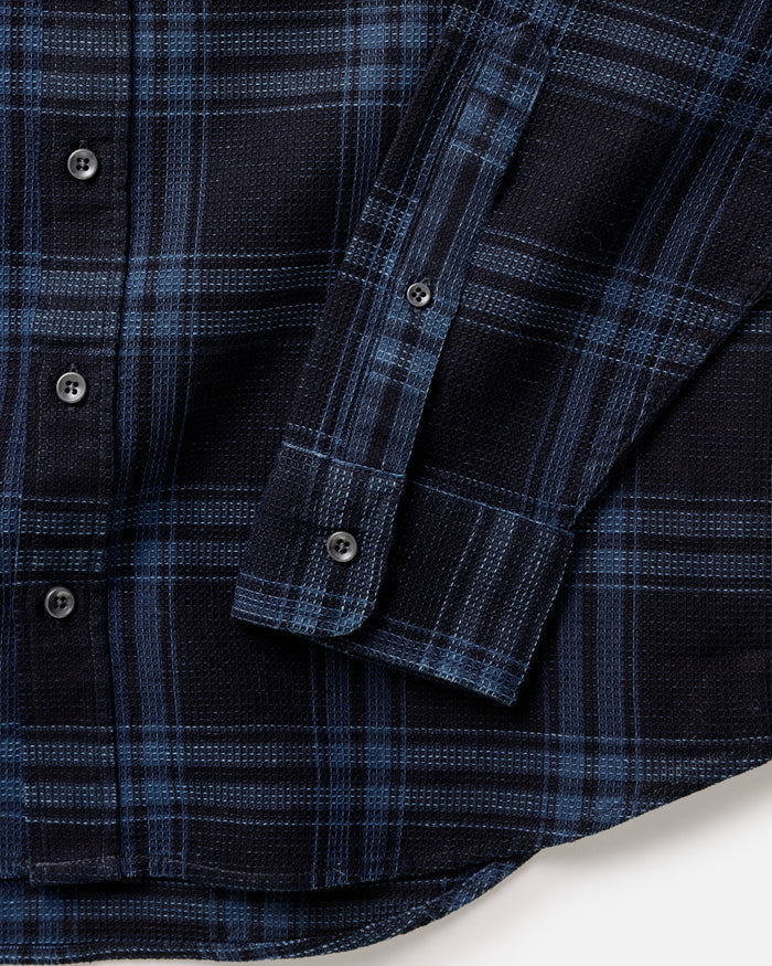 material shot of the cuffs on The Jack in Deep Indigo Plaid Waffle