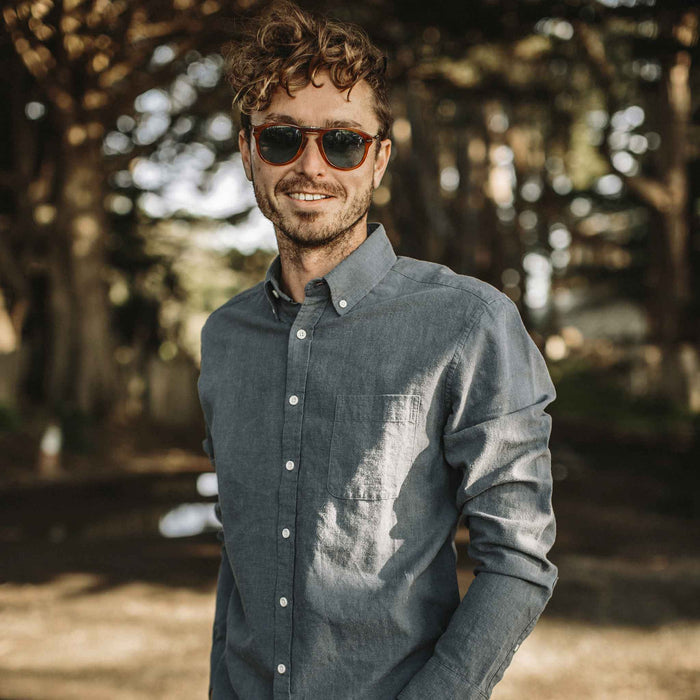 Our fit model wearing The Jack in Dusty Blue Hemp from Taylor Stitch.