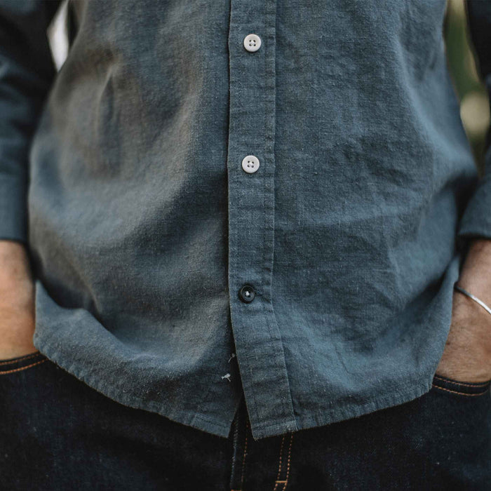 Our fit model wearing The Jack in Dusty Blue Hemp from Taylor Stitch.