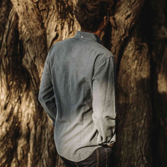 Our fit model wearing The Jack in Dusty Blue Hemp from Taylor Stitch.