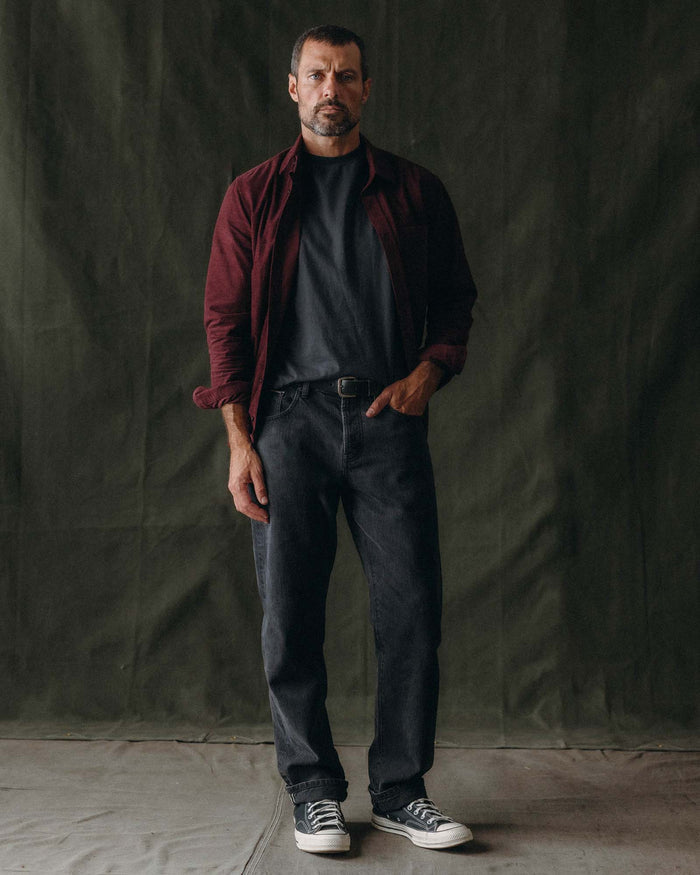 fit model with his hand in the pocket of The Jack in Heather Burgundy Pincord