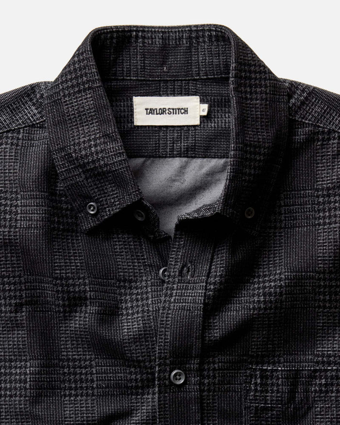 material shot of the collar on The Jack in Heather Coal Check Pincord