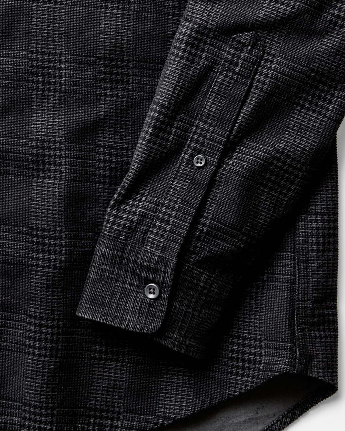 material shot of the sleeves on The Jack in Heather Coal Check Pincord
