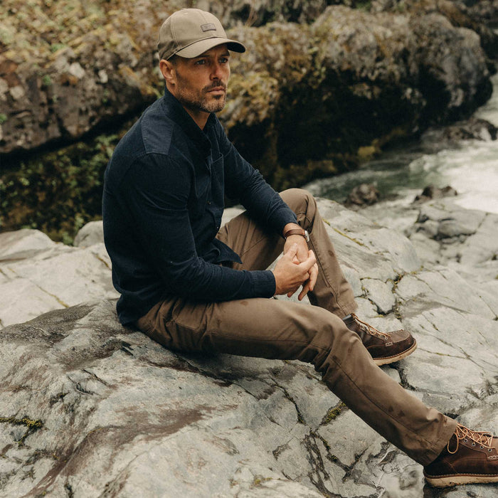 fit model posing in The Jack in Heather Marine Pincord