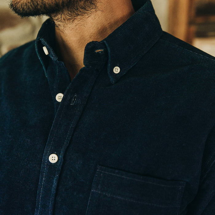 fit model wearing The Jack in Indigo Cord, chest shot