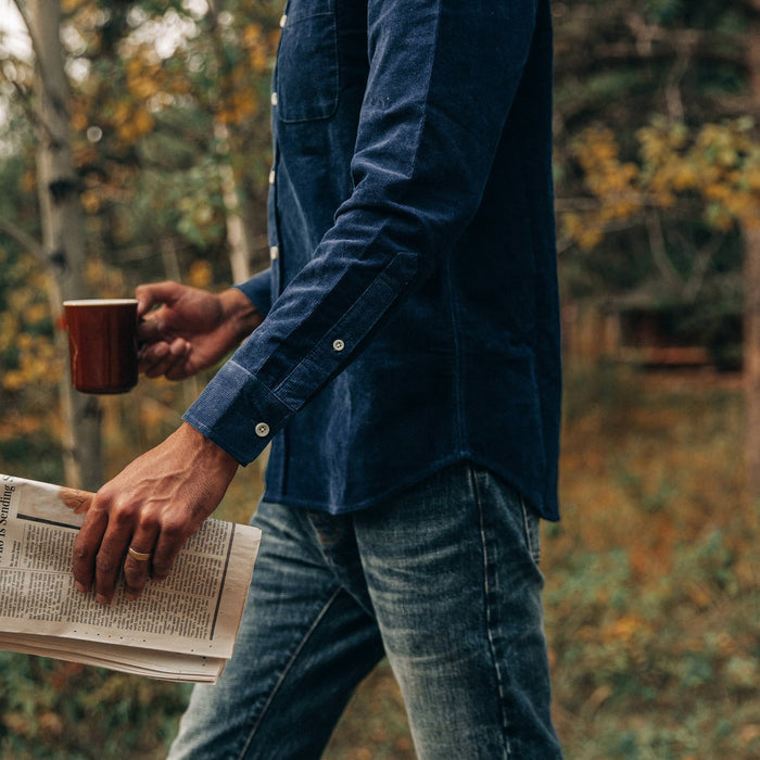 fit model wearing The Jack in Indigo Cord, cropped shot, walking