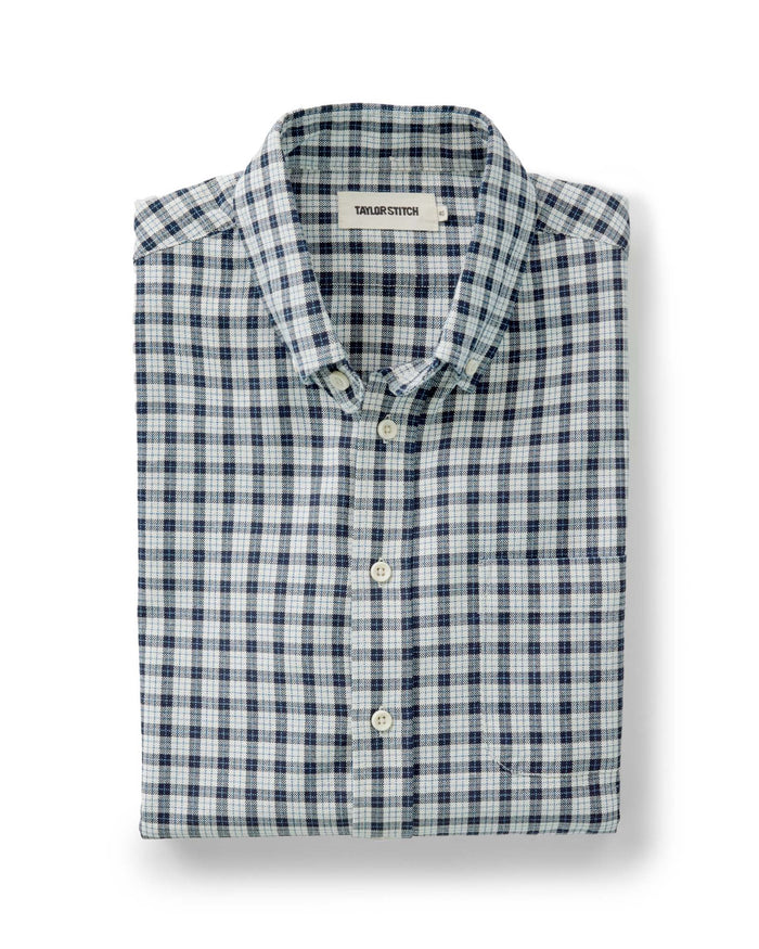 folded flatlay of The Jack in Indigo Micro Check Oxford