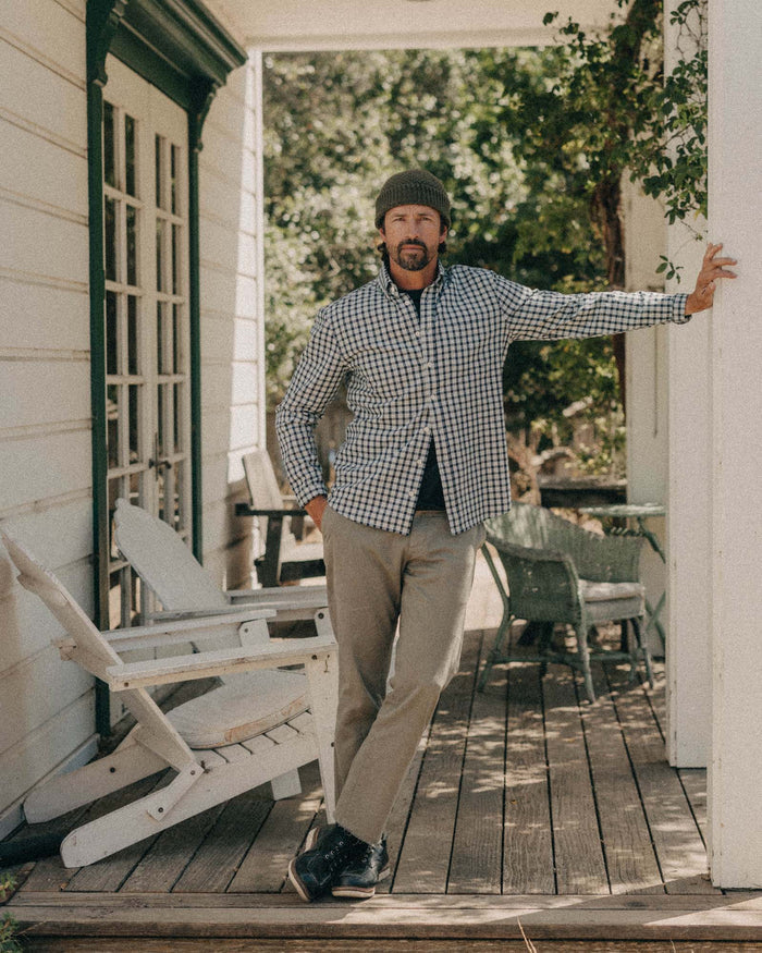 fit model showing off The Jack in Indigo Micro Check Oxford