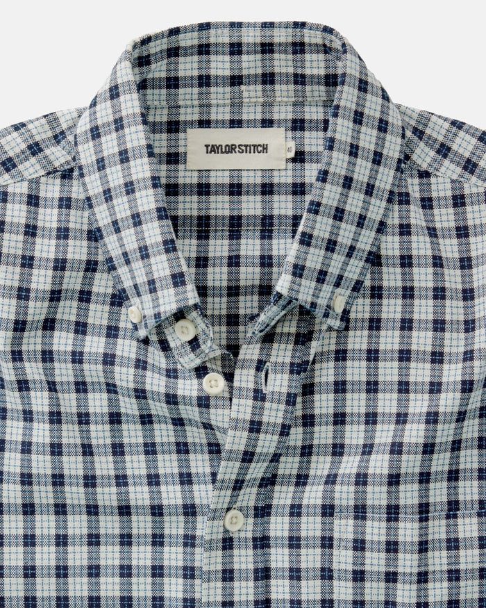 material shot of the collar on The Jack in Indigo Micro Check Oxford