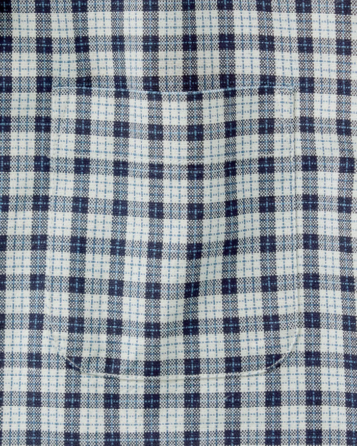 material shot of the pocket on The Jack in Indigo Micro Check Oxford