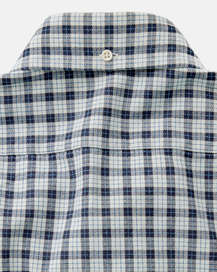 material shot of the collar on The Jack in Indigo Micro Check Oxford