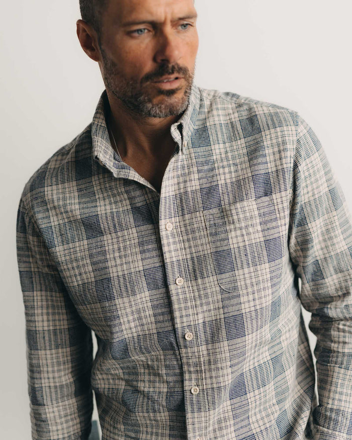 fit model posing in The Jack in Japanese Oyster Plaid