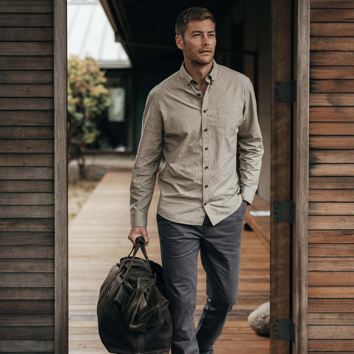 fit model walking wearing The Jack in Khaki Houndstooth Check