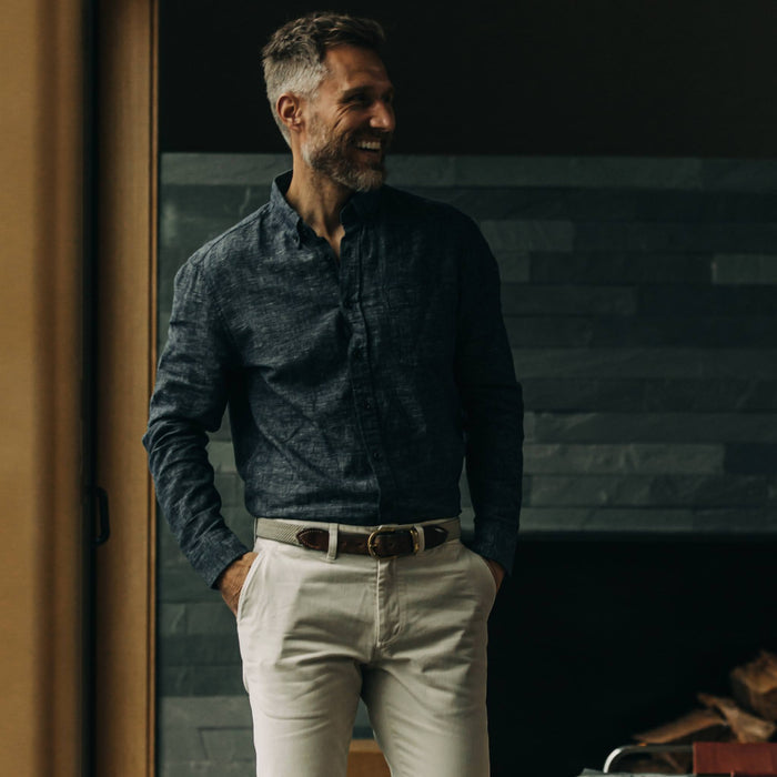 fit model with The Jack in Midnight Slub tucked into pants