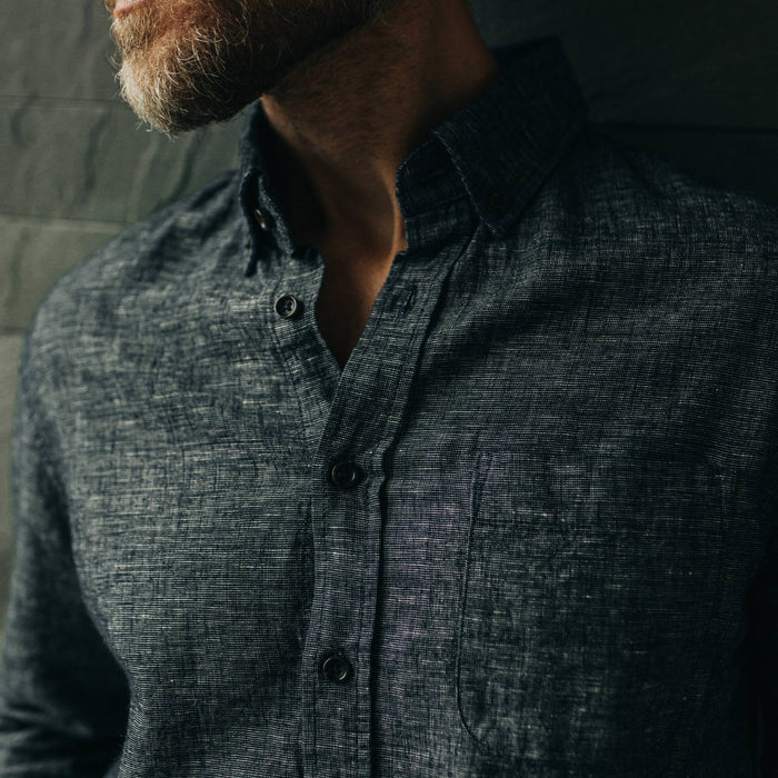 fit model close up of the front in The Jack in Midnight Slub
