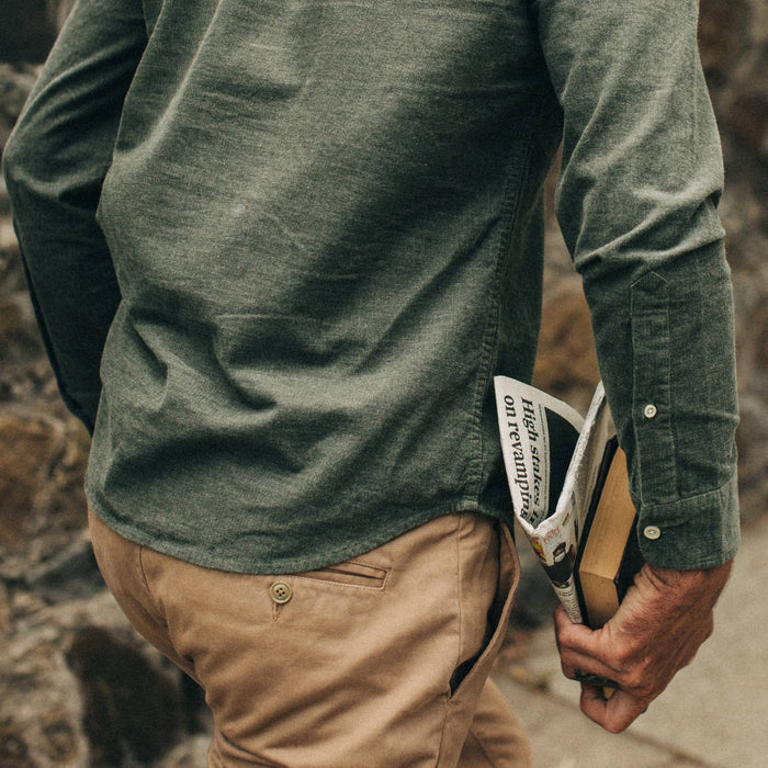 fit model wearing The Jack in Moss Cord, back shot