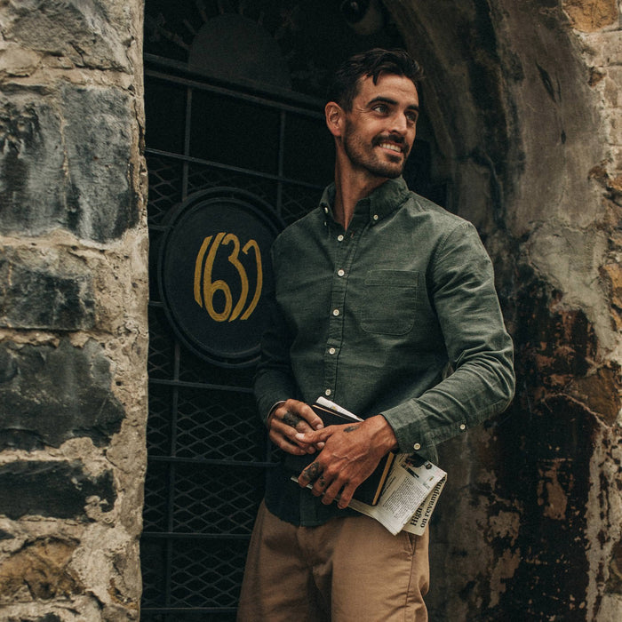 fit model wearing The Jack in Moss Cord, smiling, looking right