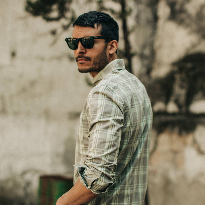 fit model wearing The Jack in Moss Plaid, side shot