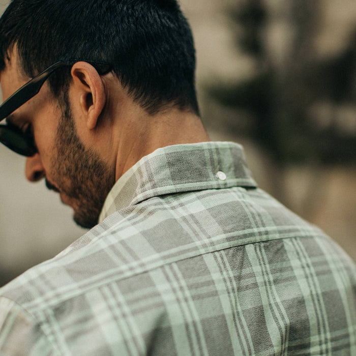 fit model wearing The Jack in Moss Plaid, back detail