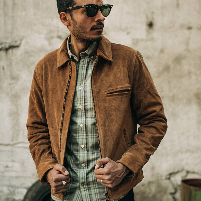 fit model wearing The Jack in Moss Plaid, Wyatt jacket layered over