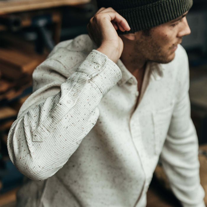 fit model adjusting his beanie in The Jack in Natural Jaspe Waffle