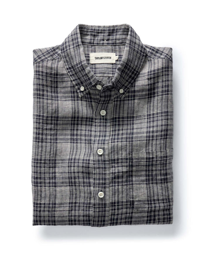 folded flatlay of The Jack in Navy Plaid Linen