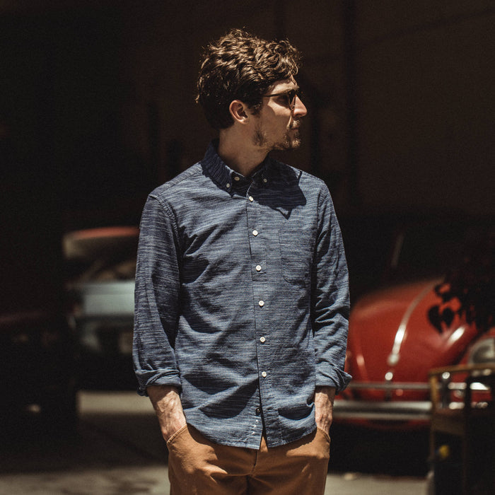 Our fit model wearing The Jack in Navy Slub Check from Taylor Stitch.