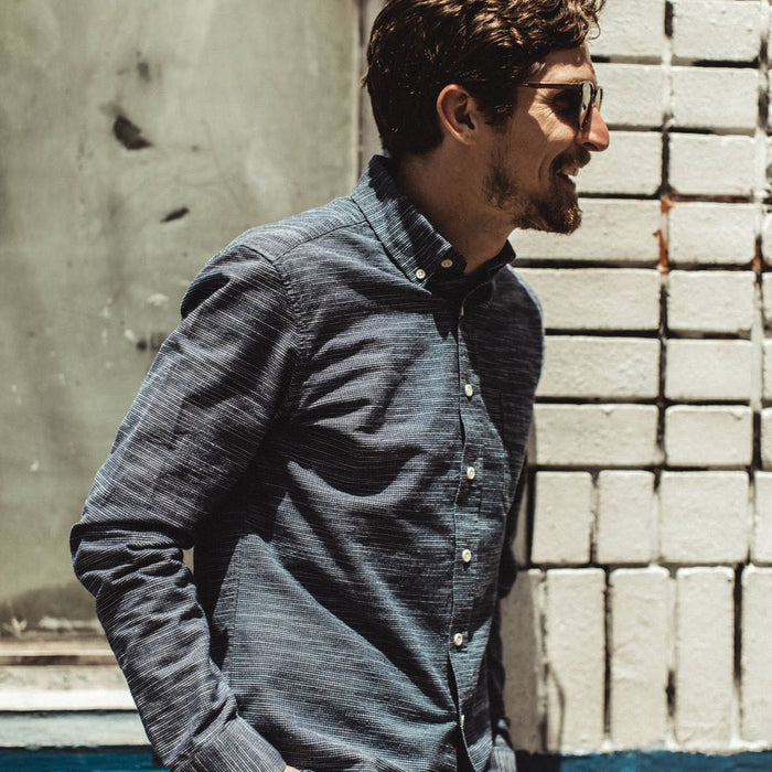 Our fit model wearing The Jack in Navy Slub Check from Taylor Stitch.