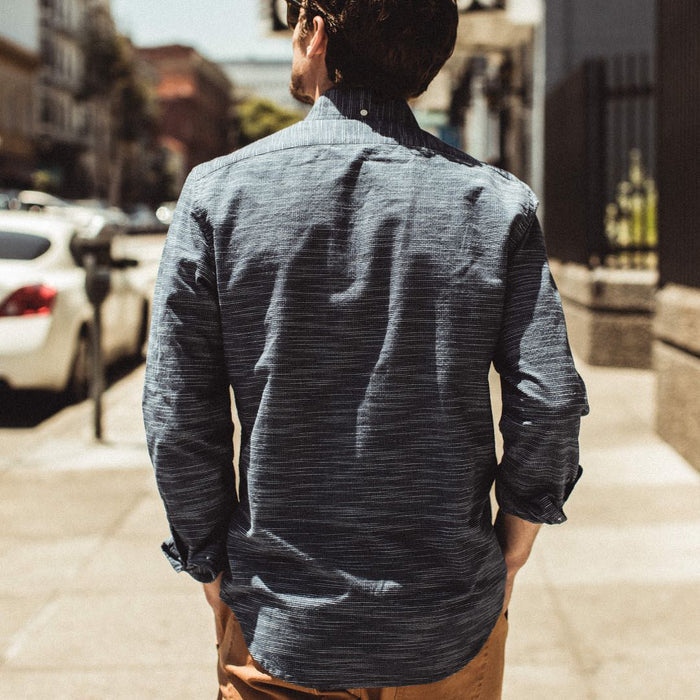 Our fit model wearing The Jack in Navy Slub Check from Taylor Stitch.