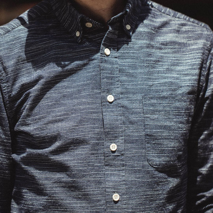 Our fit model wearing The Jack in Navy Slub Check from Taylor Stitch.