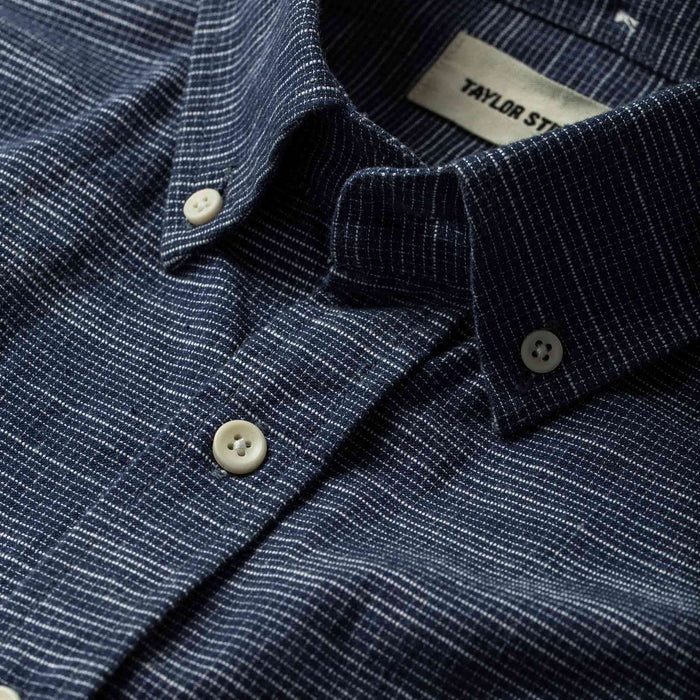 Our fit model wearing The Jack in Navy Slub Check from Taylor Stitch.
