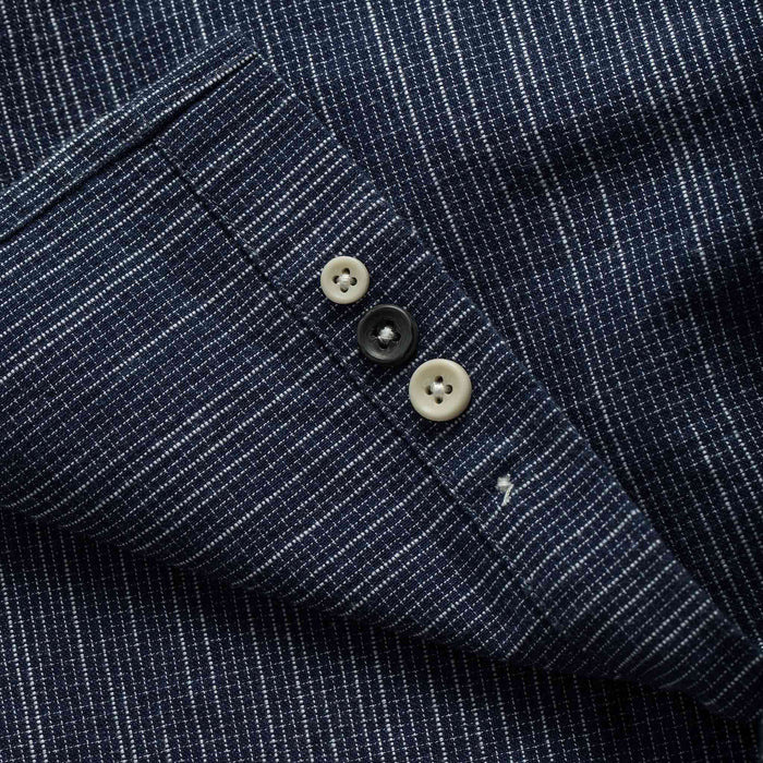 Our fit model wearing The Jack in Navy Slub Check from Taylor Stitch.