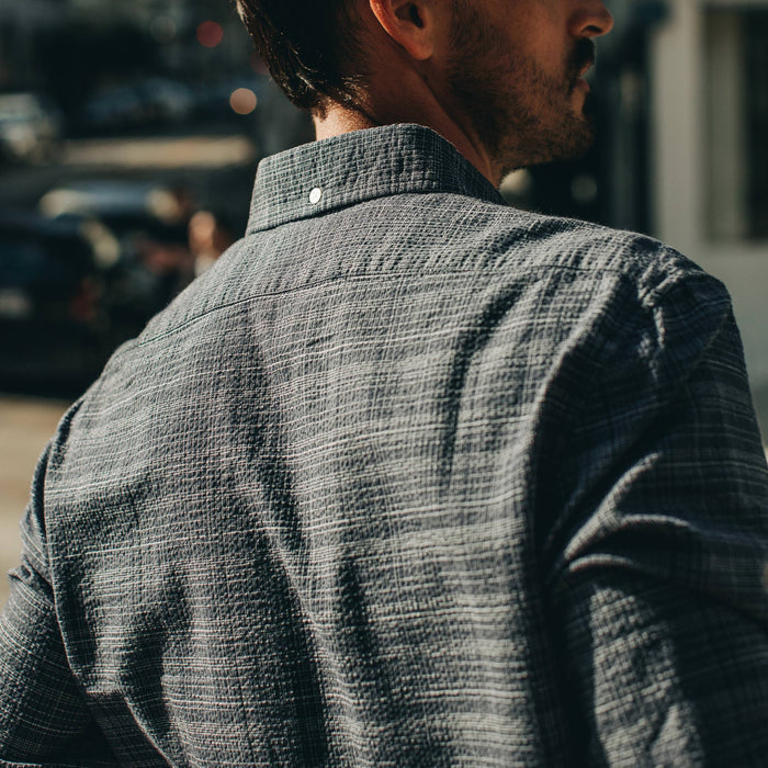 fit model wearing The Jack in Navy Slub, back