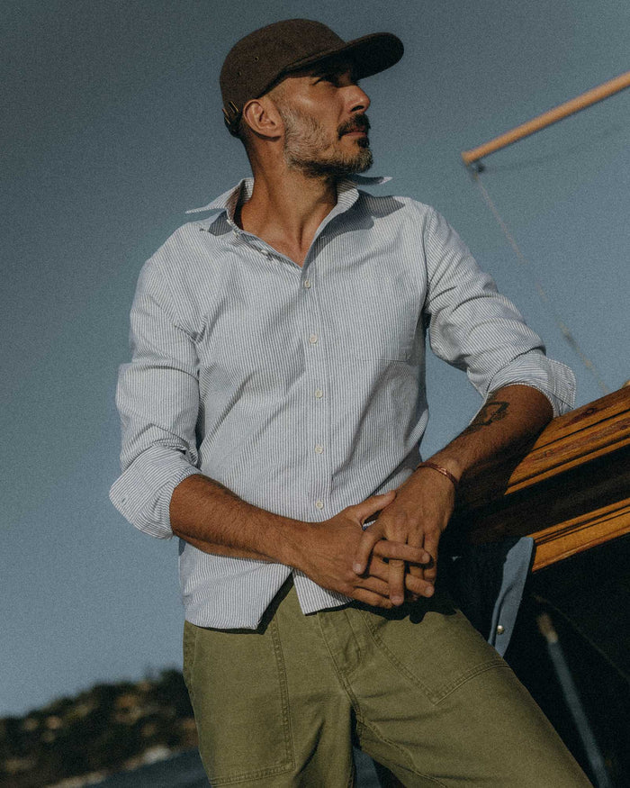 fit model posing in The Jack in Navy University Stripe Everyday Oxford