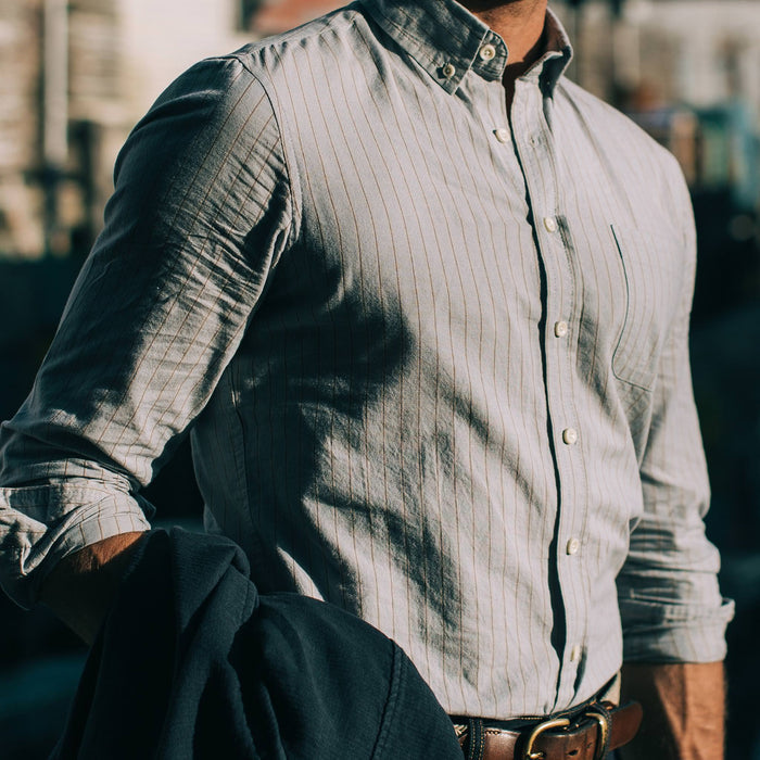fit model wearing The Jack in Parkway Stripe, shot of chest