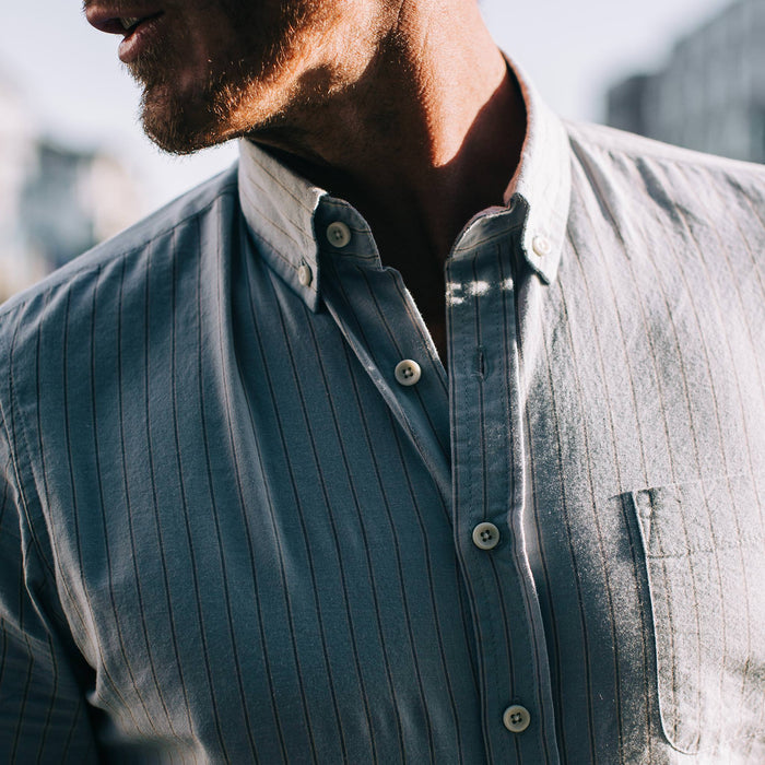fit model wearing The Jack in Parkway Stripe, chest detail